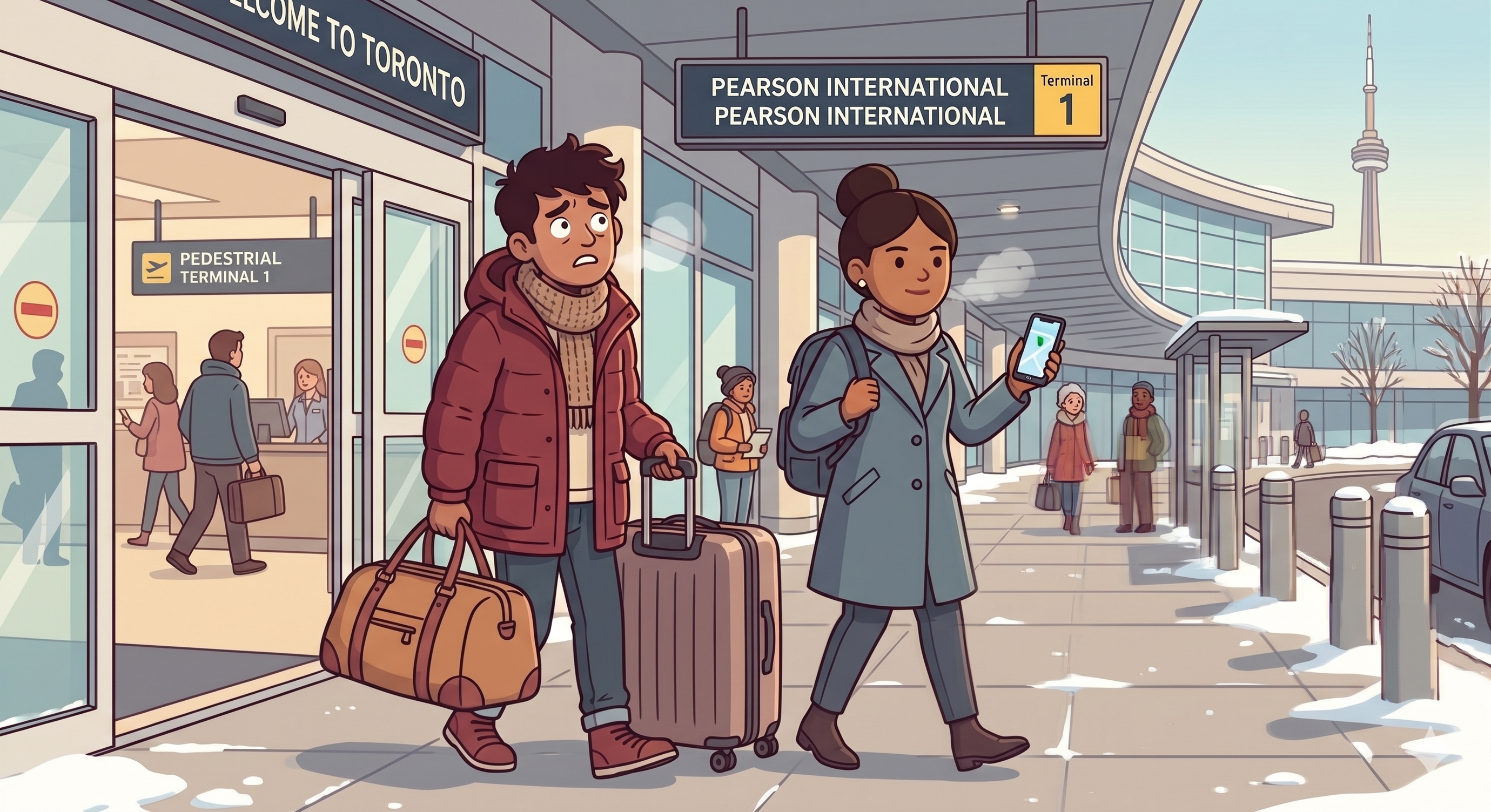 Arjun and Priya arriving at Pearson Airport on Day 1