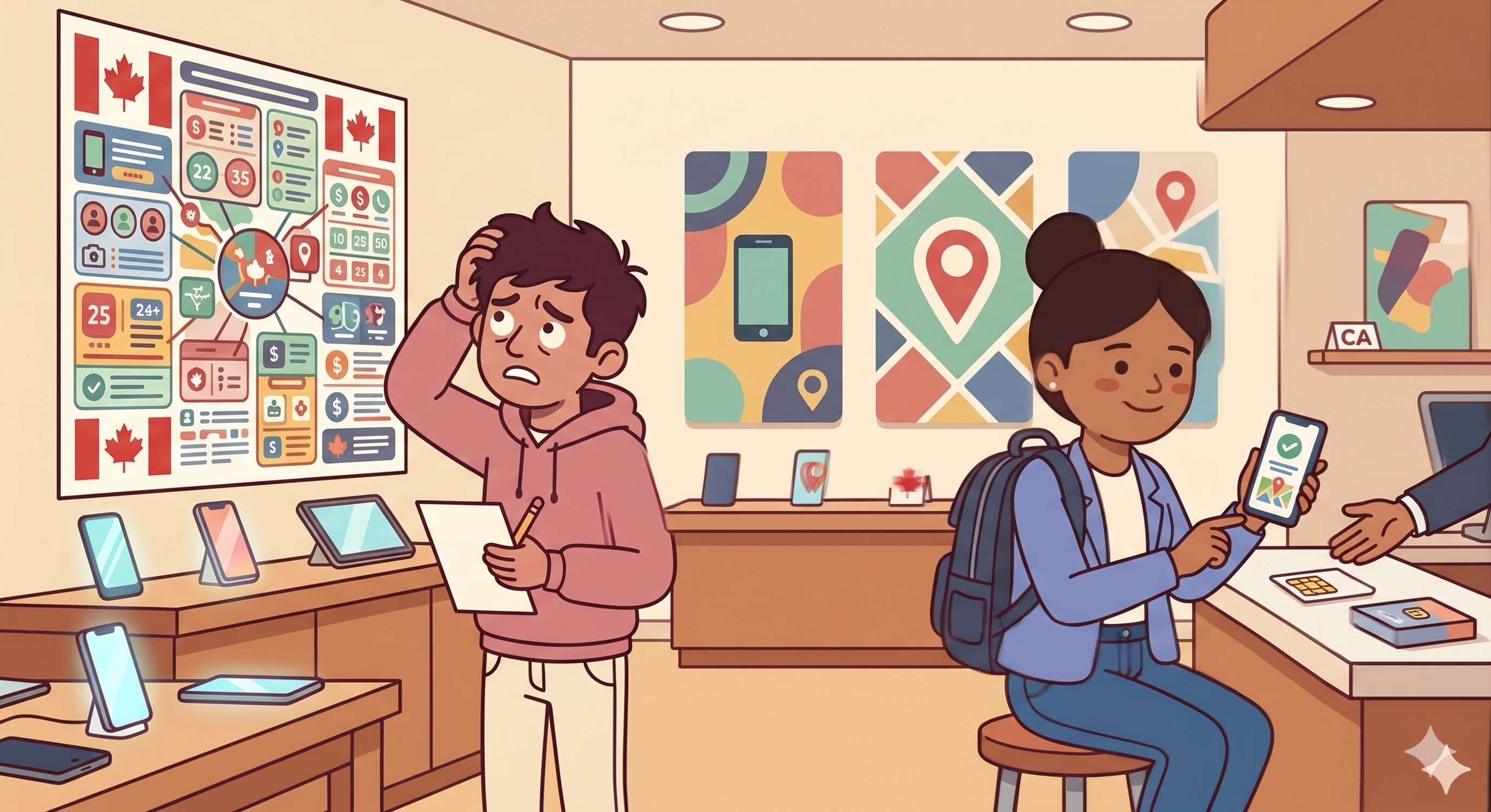 Arjun confused at a phone store, Priya calmly setting up her SIM
