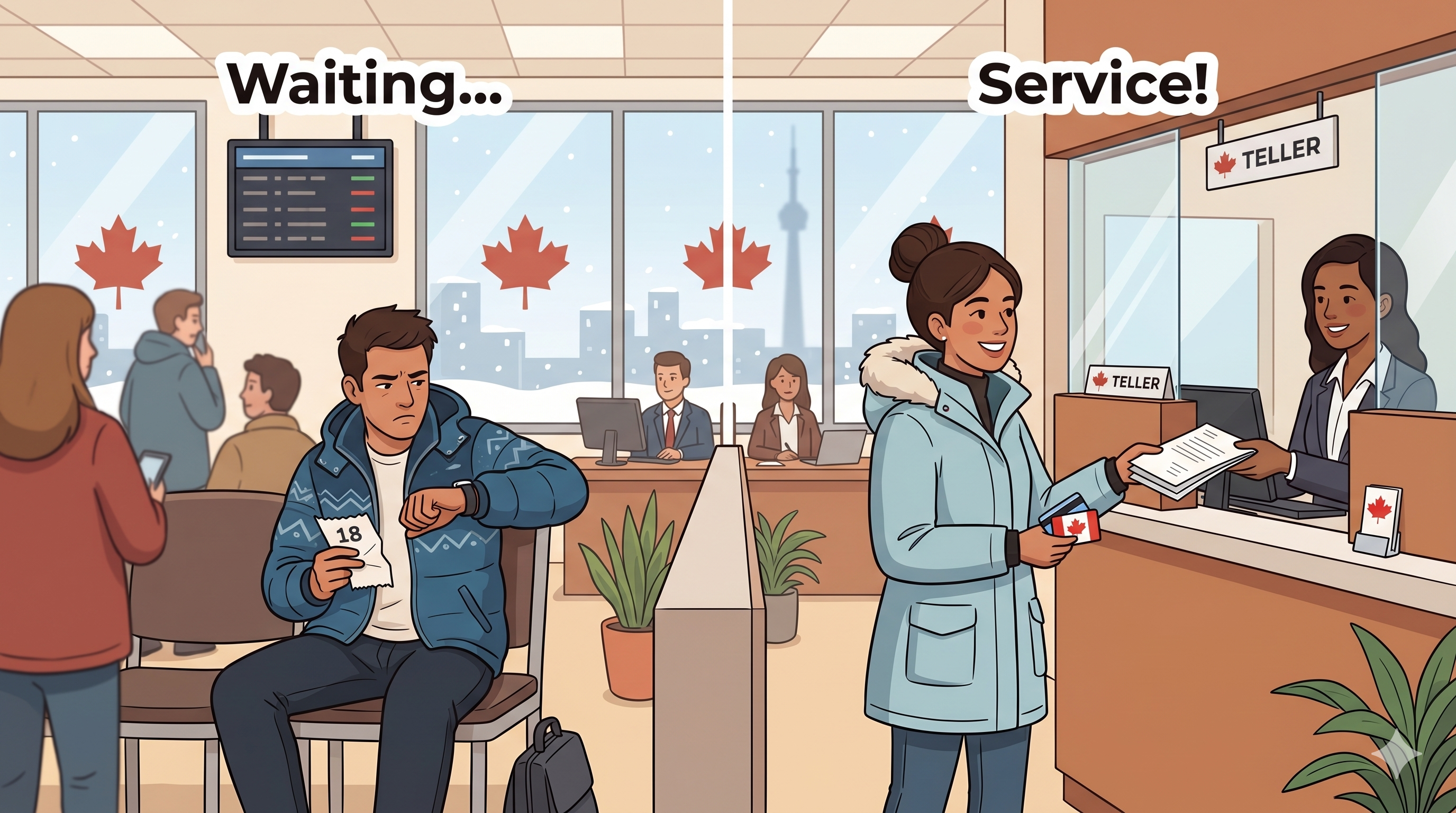 Arjun waiting frustrated at a bank, Priya completing her account setup