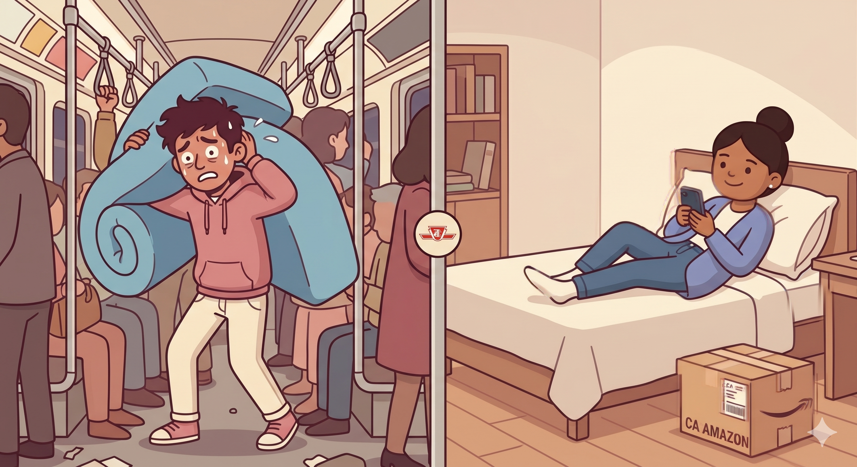 Arjun carrying a mattress on the TTC, Priya relaxing on her delivered mattress