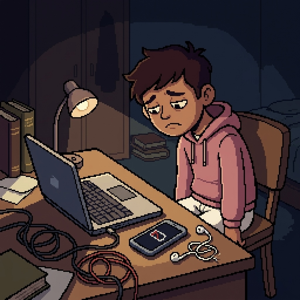 Arjun frustrated at dorm desk