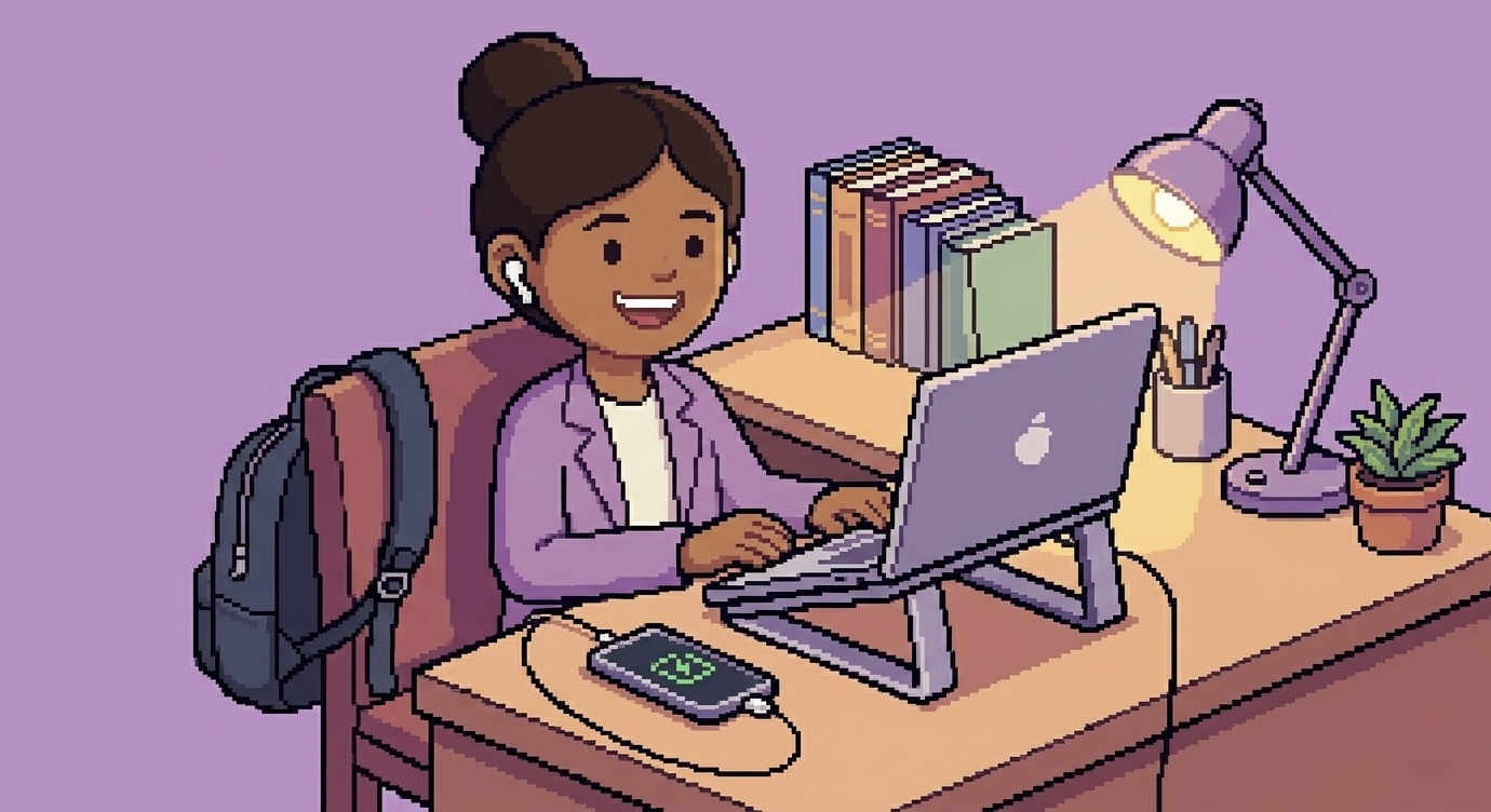 Priya at clean organized dorm desk