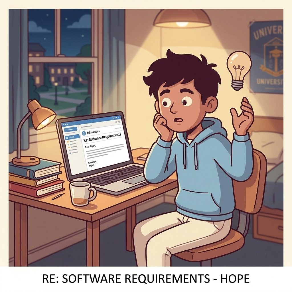 Arjun reading university email about software