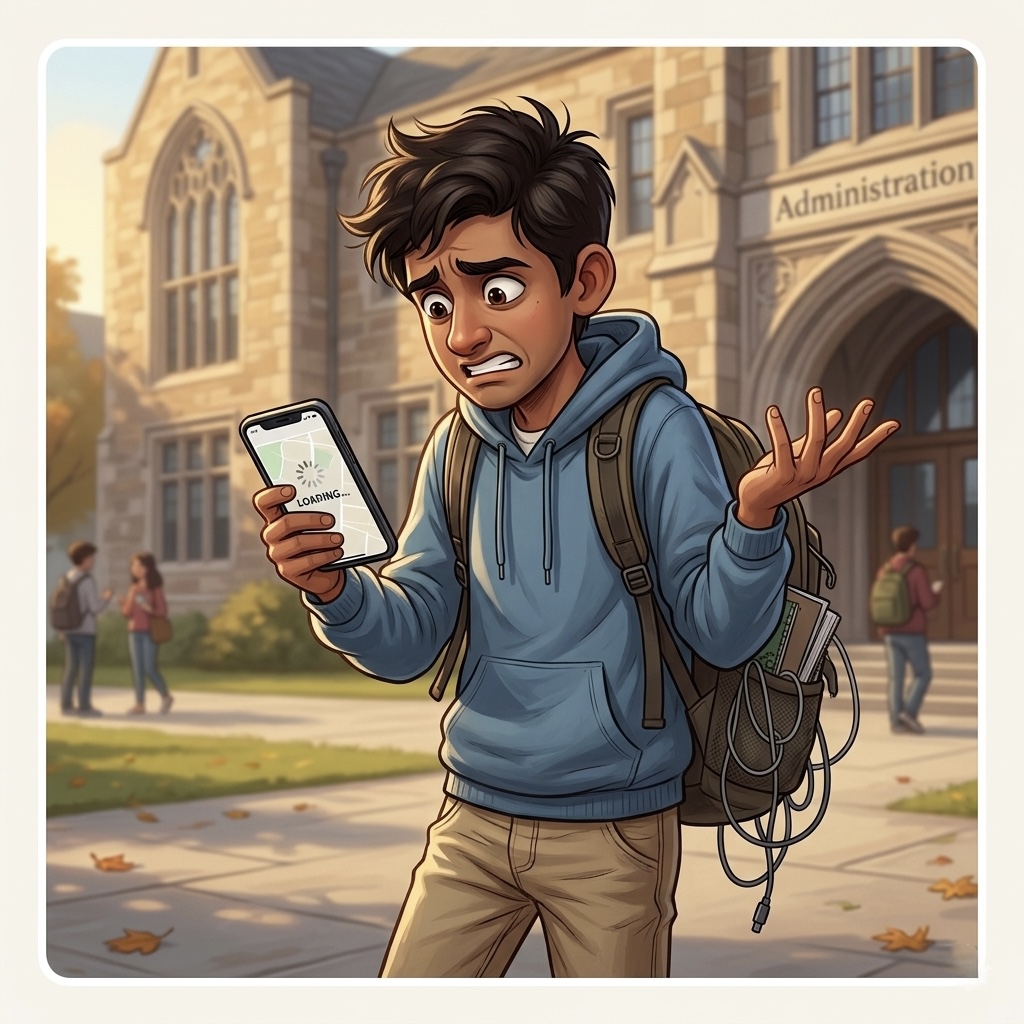 Arjun at the wrong building before first class