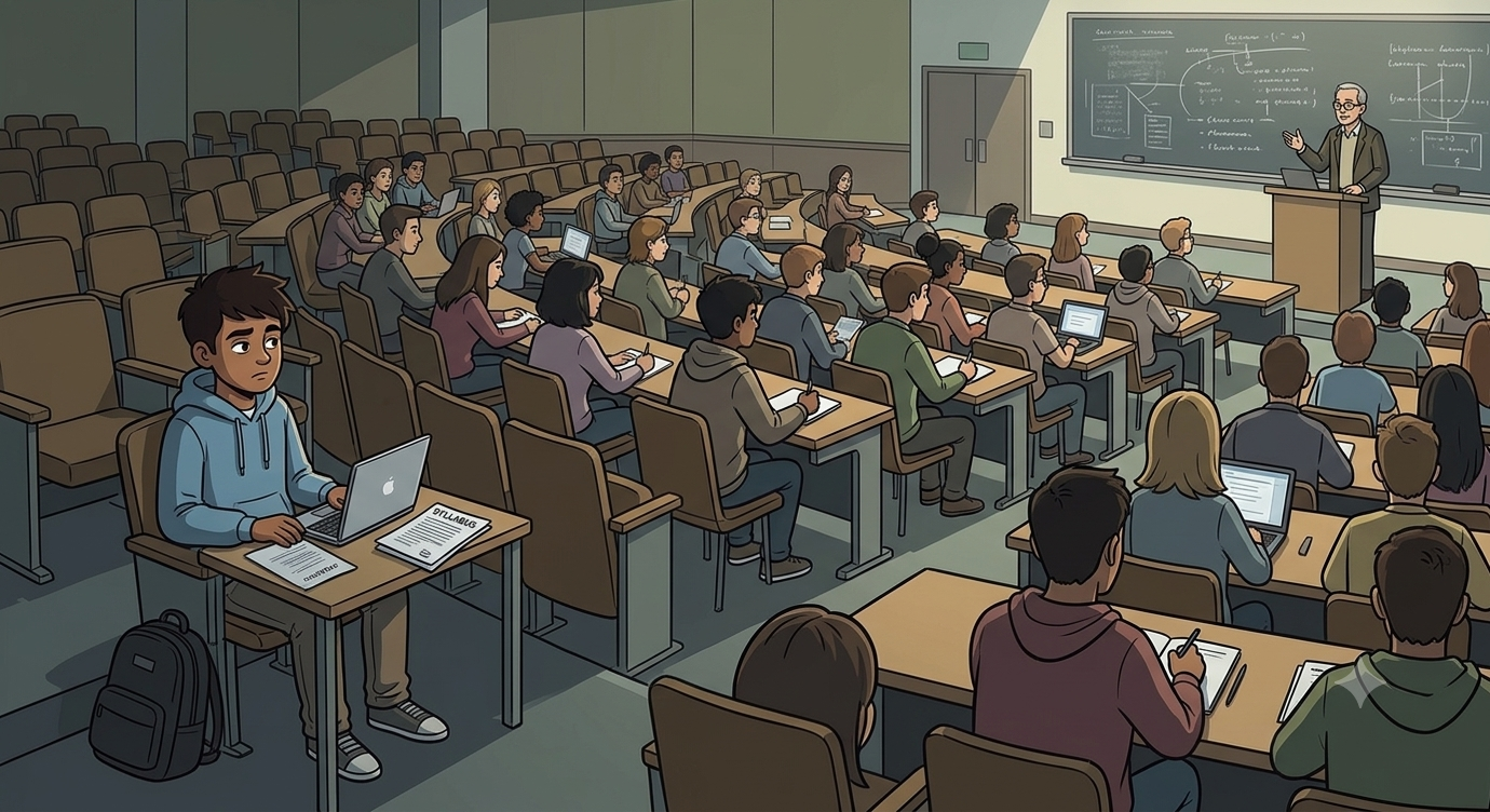 Arjun confused in the back row of his first lecture