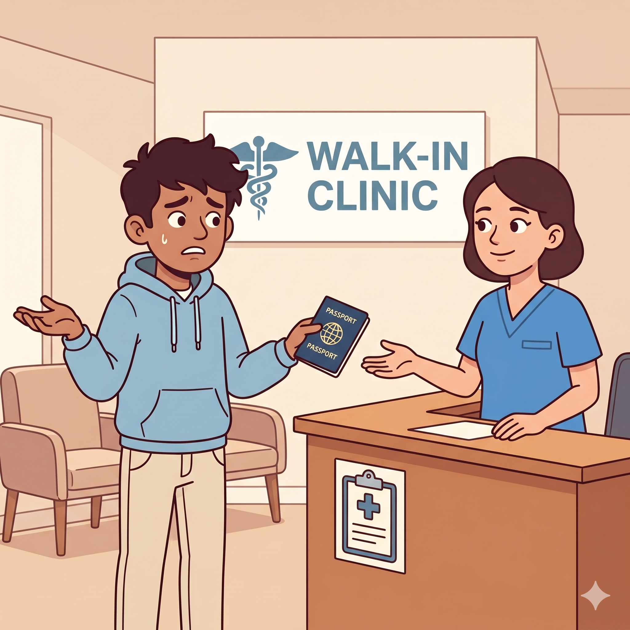 Arjun at walk-in clinic without coverage details