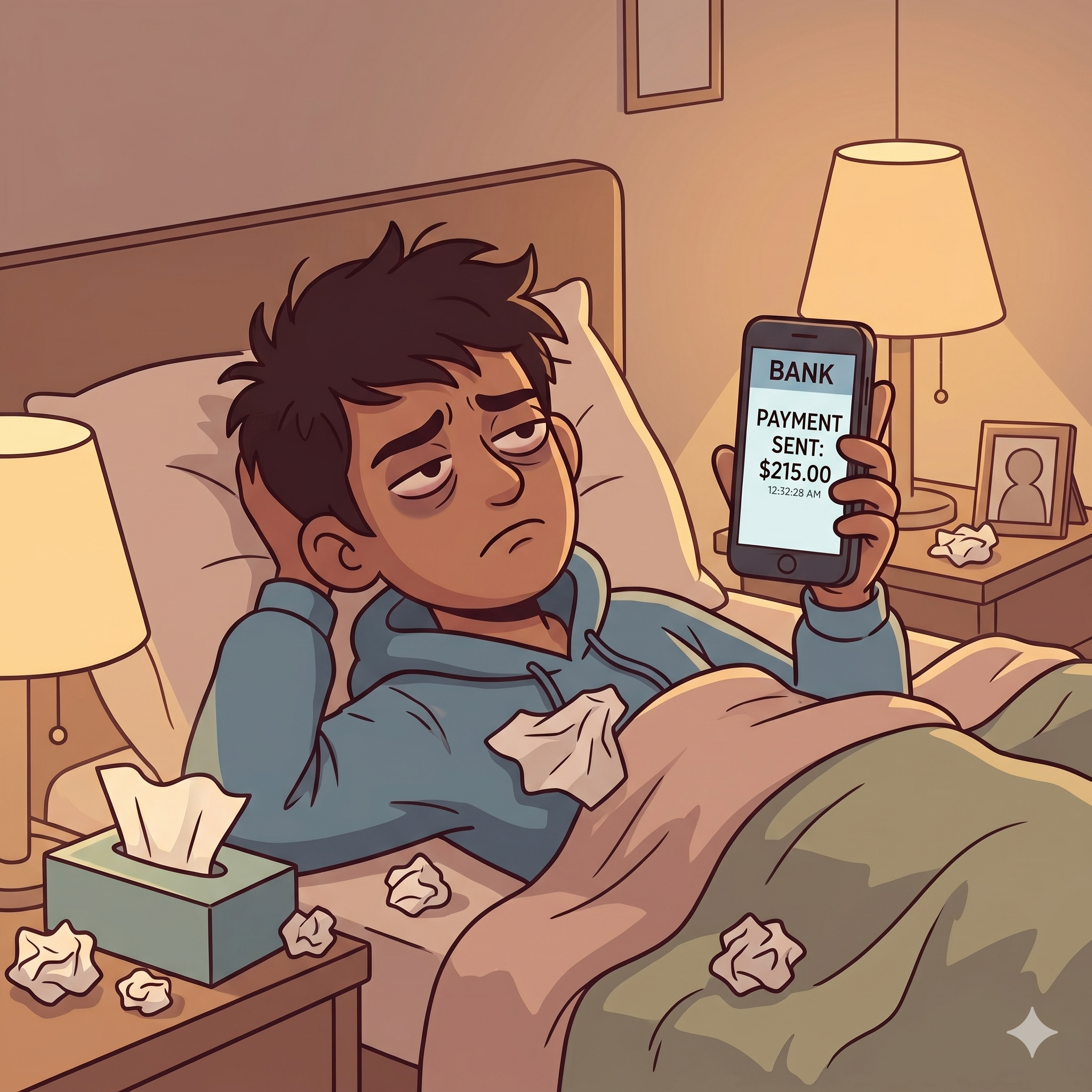 Arjun in bed after paying clinic bill