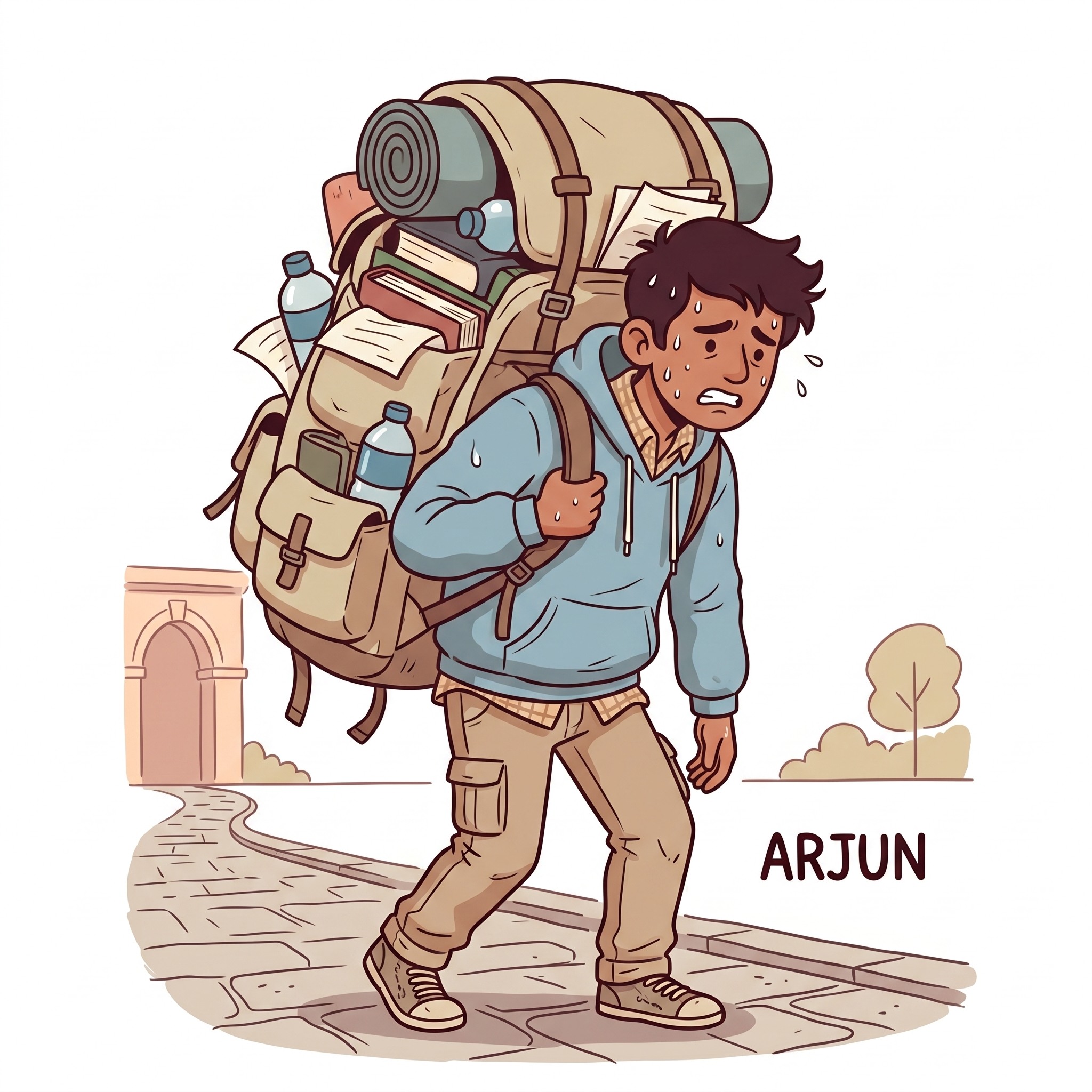 Arjun hunched under heavy orientation backpack